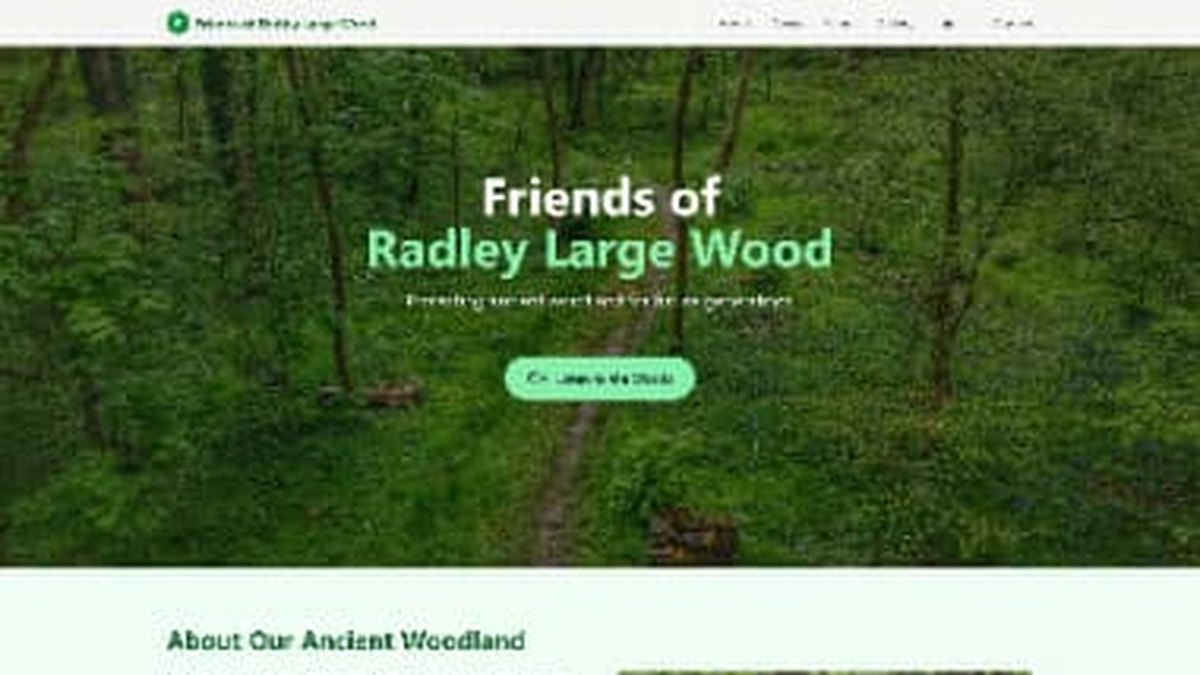 Friends of Radley Large Wood homepage showing the woodland hero image